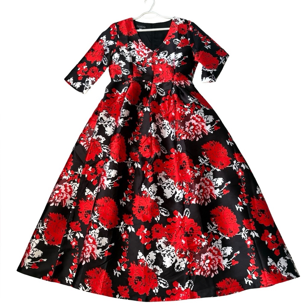 Elegant Red & Black Floral Fit-and-Flare Maxi Dress |Cocktail Party Gown